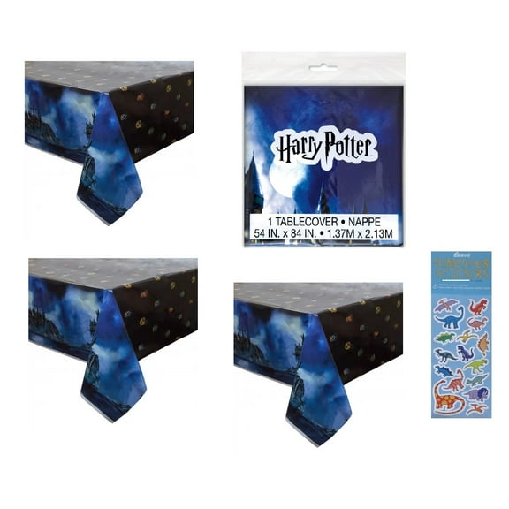 Harry Potter Birthday Party Supplies Bundle includes 3 Plastic Table Covers 54" x 84" and 1 Dinosaur Sticker Sheet