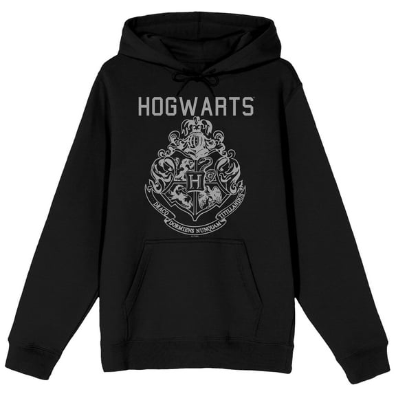 Harry Potter Black & White Hogwarts Crest Adult Black Long Sleeve Hooded Sweatshirt-Medium