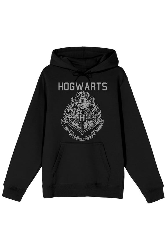 Harry Potter Black & White Hogwarts Crest Adult Black Long Sleeve Hooded Sweatshirt-Small