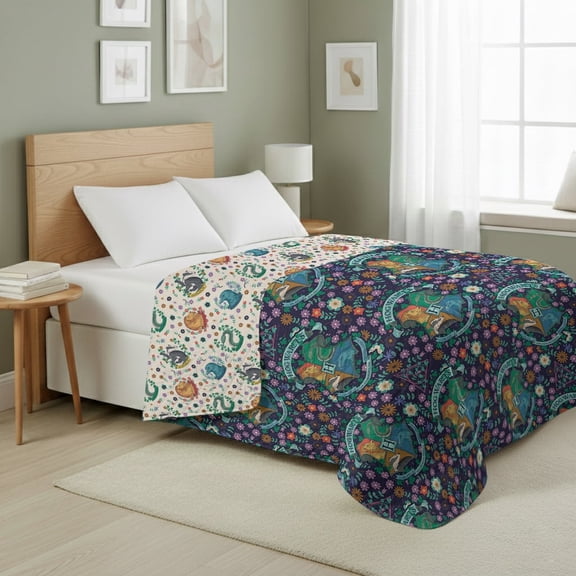 Harry Potter Botanical Crests Quilted Throw Blanket 90x90 inches, Kids Character Bedding