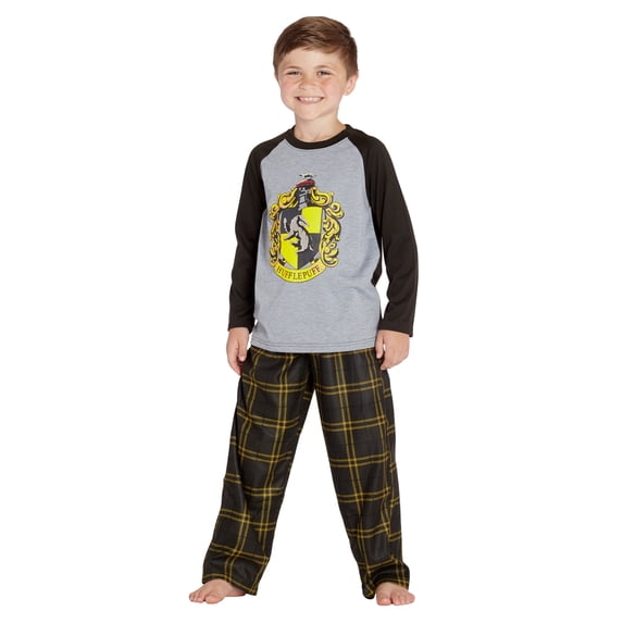 Harry Potter Boys' Hogwarts Houses Crest Plaid Raglan 2PC Pajama Set - Gryffindor Hufflepuff Ravenclaw Slytherin