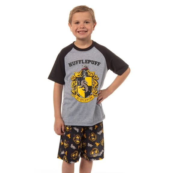 Harry Potter Boys' Hogwarts Houses 2 Piece Pajama Set Raglan Shirt Shorts - Gryffindor Slytherin Hufflepuff Ravenclaw