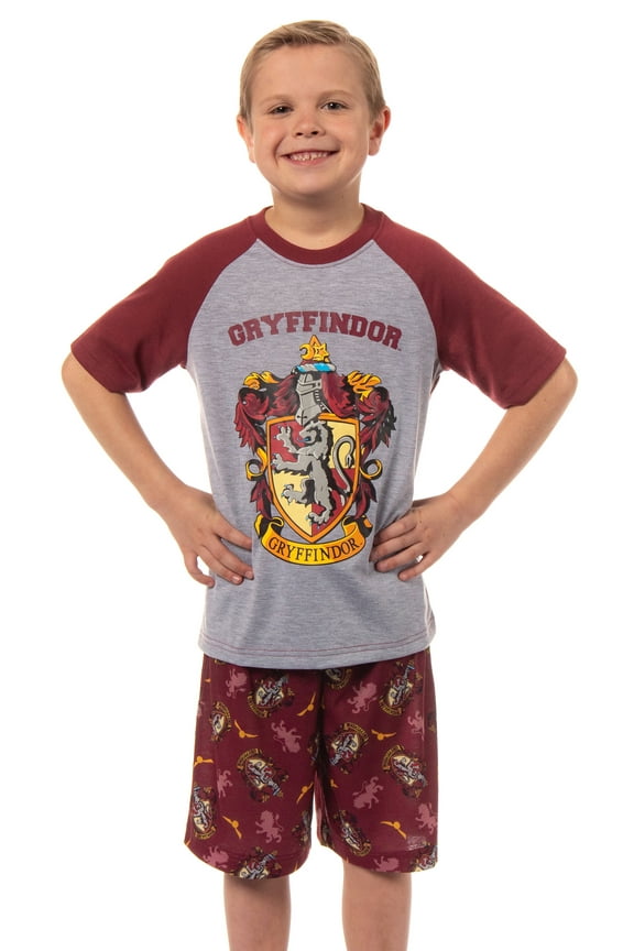 Harry Potter Boys' Hogwarts Houses 2 Piece Pajama Set Raglan Shirt Shorts - Gryffindor Slytherin Hufflepuff Ravenclaw