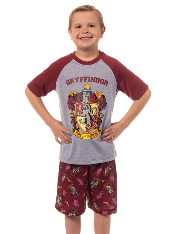 Harry Potter Boys' Hogwarts Houses 2 Piece Pajama Set Raglan Shirt Shorts - Gryffindor Slytherin Hufflepuff Ravenclaw