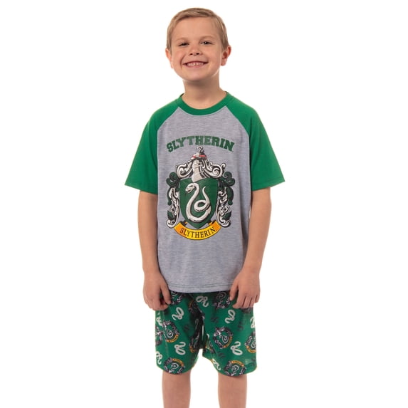 Harry Potter Boys' Hogwarts Houses 2 Piece Pajama Set Raglan Shirt Shorts - Gryffindor Slytherin Hufflepuff Ravenclaw