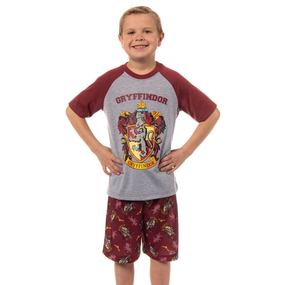 Harry Potter Boys' Hogwarts Houses 2 Piece Pajama Set Raglan Shirt Shorts - Gryffindor Slytherin Hufflepuff Ravenclaw