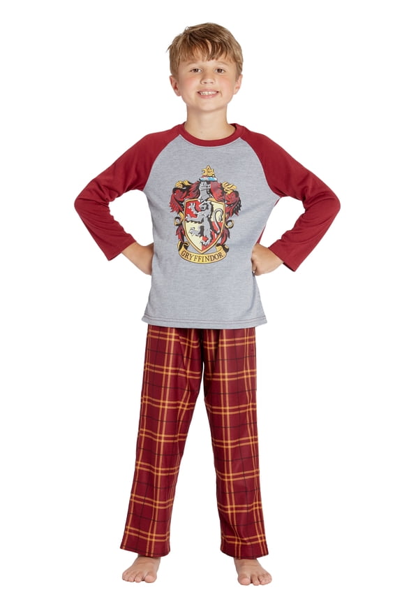 Harry Potter Boys' Hogwarts Houses Crest Plaid Raglan 2PC Pajama Set - Gryffindor Hufflepuff Ravenclaw Slytherin