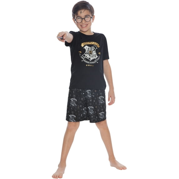 Harry Potter Boys' Pajama Hogwarts Castle Wizard Crest 2 Piece Short Sleeve Shirt and Shorts Lounge Sleep Set