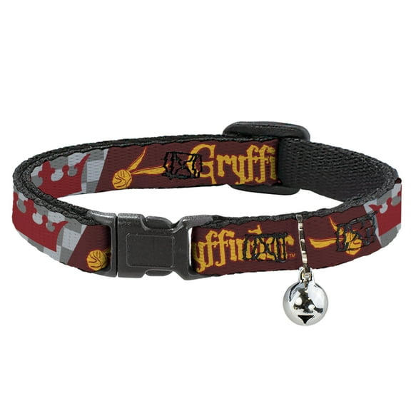 Harry Potter Breakaway Cat Collar With Bell, Plastic Clip, Easy Adjustable, Harry Potter Gryffindor Quiditch Ball Crown Red Golds Grays, 8.5 to 12 Inches 0.5 Inch Wide