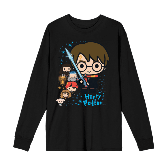 Harry Potter Chibi Characters & Glowing Sword Crew Neck Long Sleeve Unisex Adult Tee-Large