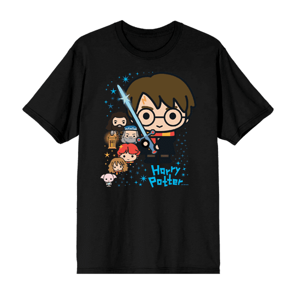 Harry Potter Chibi Characters & Glowing Sword Crew Neck Short Sleeve Men's T-shirt-XS