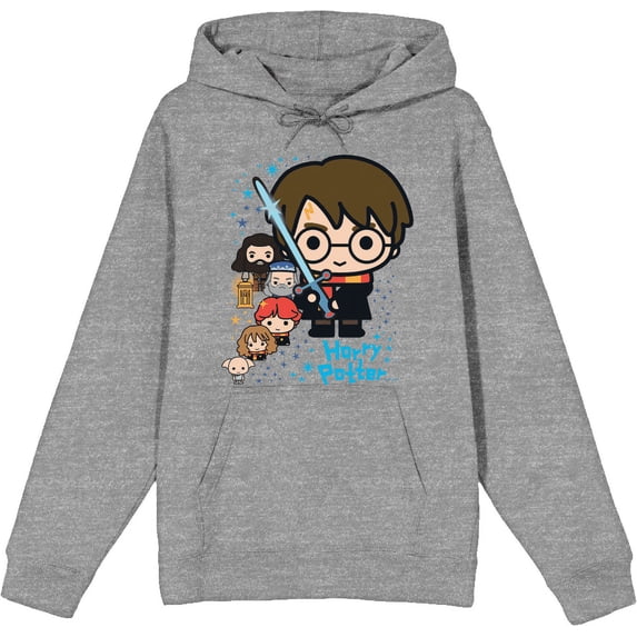 Harry Potter Chibi Characters & Glowing Sword Long Sleeve Unisex Adult Hooded Sweatshirt-XS