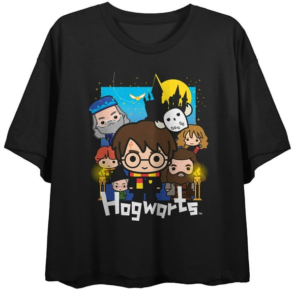 Harry Potter Chibi-Style Sorcerer's Stone Character Art Women's Black Graphic Crop Tee-Medium