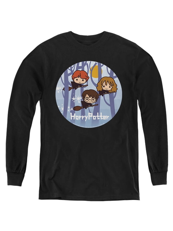 Chibi Trio Flying On Broomsticks Kids Long Sleeve T Shirt (Large) for Youth Boys and Girls, Black