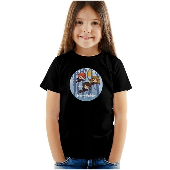 Harry Potter Chibi Trio Flying On Broomsticks Kids T Shirt (4) for Youth Toddler Boys and Girls, Black