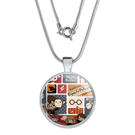Harry Potter Cute Chibi Pattern 1" Pendant with Sterling Silver Plated Chain
