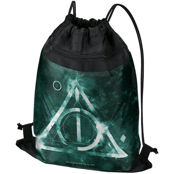 Harry Potter Deathly Hallows Logo Drawstring Backpack Sports Bag Sackpack 17" x 13", Perfect for Gym, Yoga or Practice
