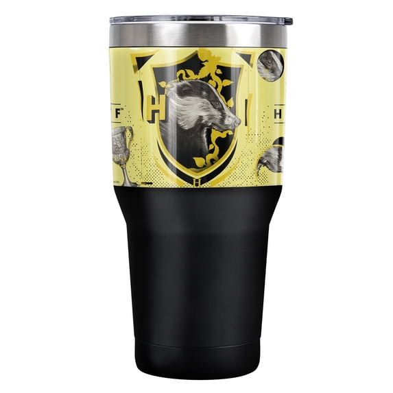 Harry Potter And The Deathly Hallows Part 2 Official Hufflepuff Shield Realistic Badger 30 oz Travel Tumbler, Stainless Steel, Vacuum Insulated with Leak Resistant Slide-Lock Lid