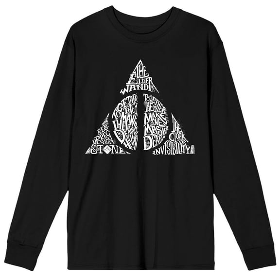 Harry Potter Deathly Hallows Text Fill Men's Black Long Sleeve Shirt-Large