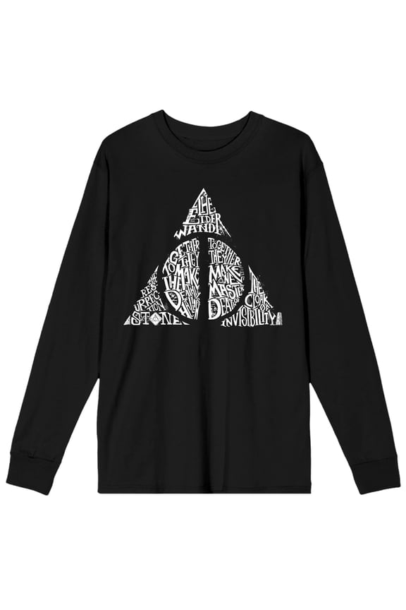Harry Potter Deathly Hallows Text Fill Men's Black Long Sleeve Shirt-Medium