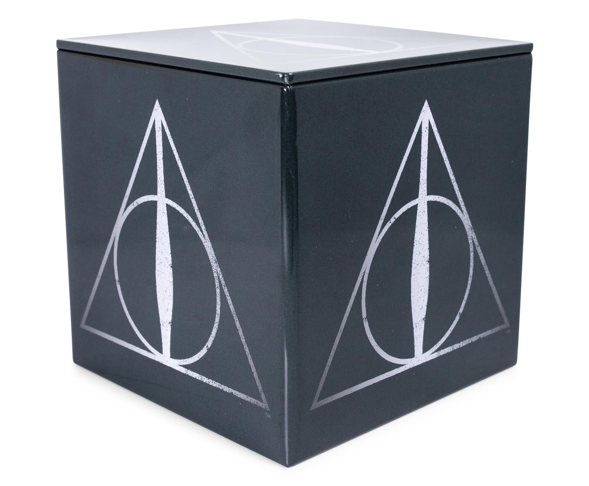 Black Tin Cube Storage Box with Deathly Hallows Design