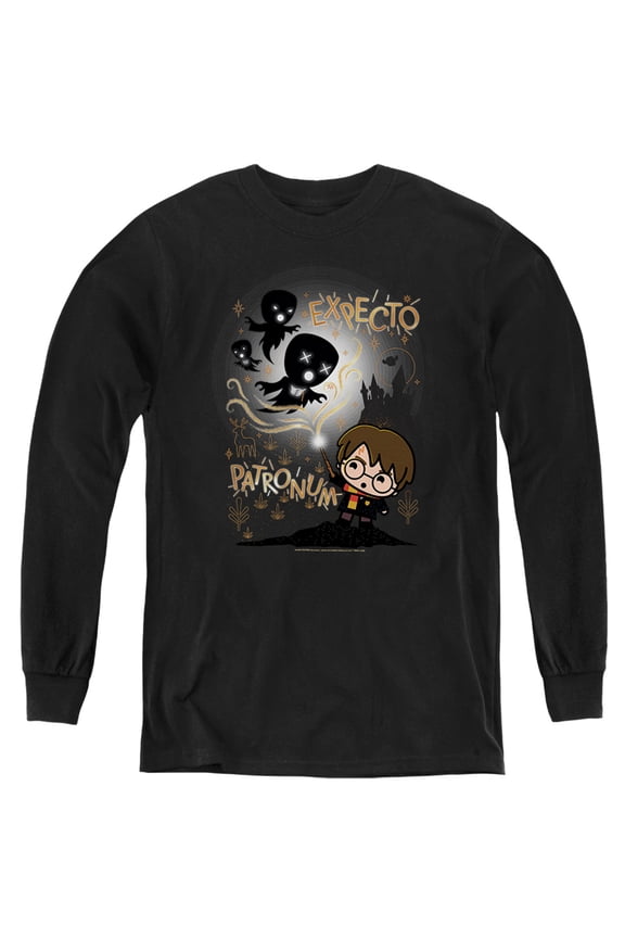 Expecto Patronum Chibi Potter Too Kids Long Sleeve T Shirt (Medium) for Youth Boys and Girls, Black