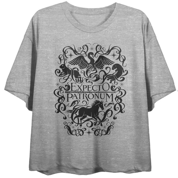 Harry Potter Expecto Patronum Women's Heather Gray Short Sleeve Crew Neck Crop Tee-Medium
