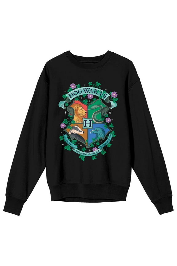 Harry Potter Floral Hogwarts Crest Women's Black Crew Neck Sweatshirt-Large