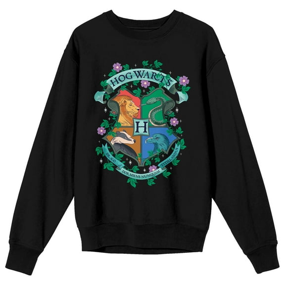 Harry Potter Floral Hogwarts Crest Women's Black Crew Neck Sweatshirt-XL