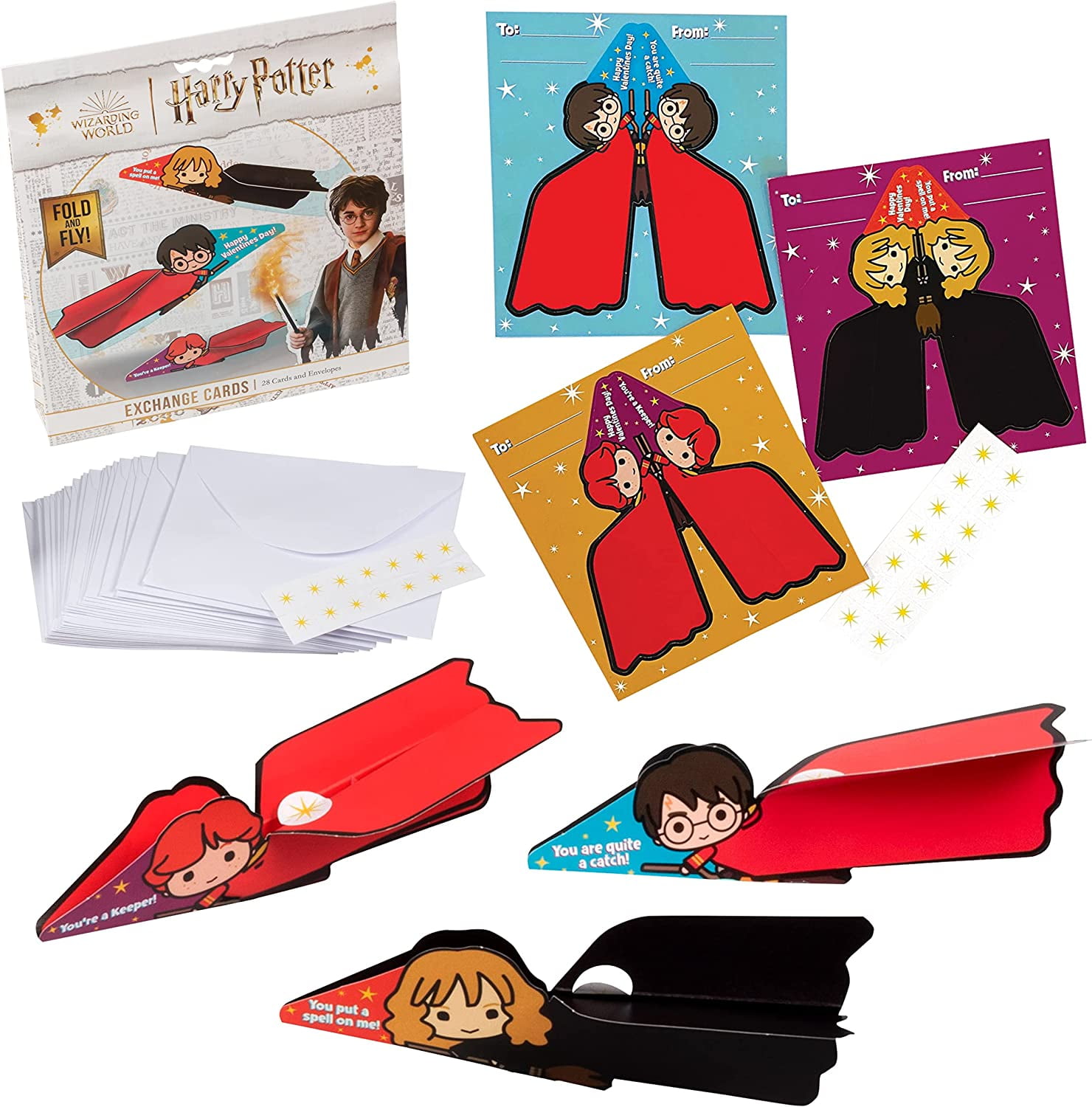 Harry Potter Flying Broom Valentines Day Cards for Kids, 28 Card Pack