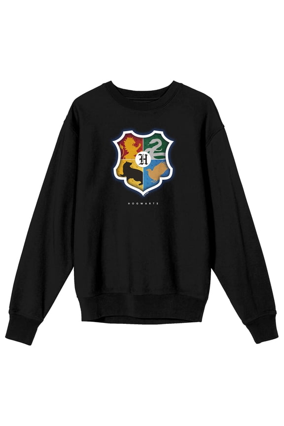 Harry Potter Four Houses Hogwarts Crest Adult Black Crew Neck Long Sleeve Sweatshirt-Medium