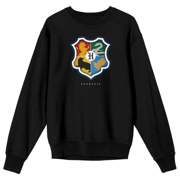 Harry Potter Four Houses Hogwarts Crest Adult Black Crew Neck Long Sleeve Sweatshirt-Medium