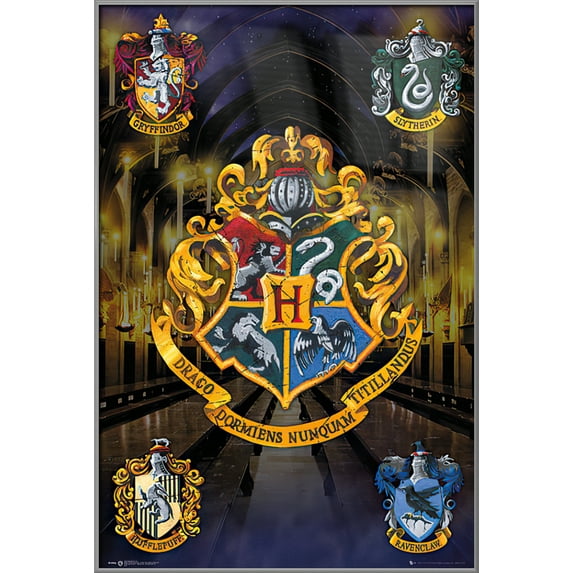 Harry Potter - Framed Movie Poster / Print (Hogwarts House Crests) (Size: 24" x 36") (Silver Aluminum Frame)