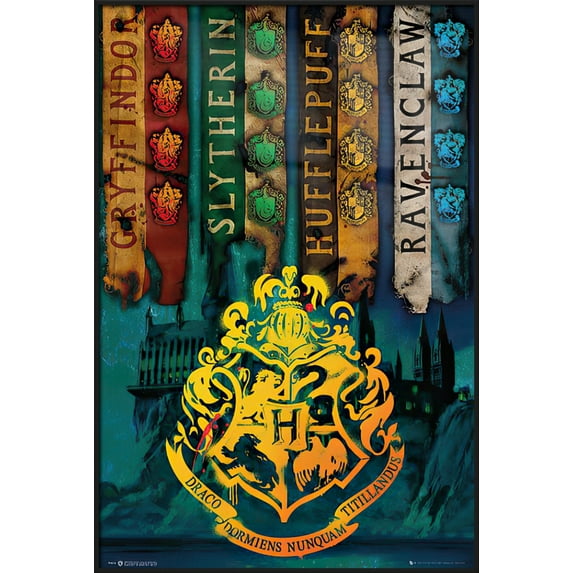 Harry Potter - Framed Movie Poster (The Hogwarts House Flags) (Size: 25" X 37") (Black Aluminum Frame)
