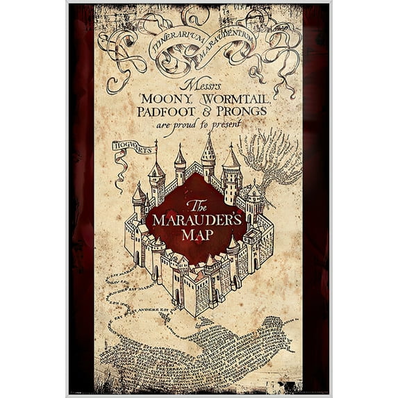 Harry Potter - Framed Movie Poster (The Marauder's Map - Version 2) (Size: 25" X 37") (Shiny White Aluminum Frame)