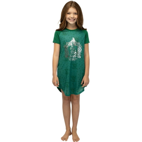 Harry Potter Girls' Foil Print Hogwarts House Crest Nightgown Lounge Pajama - Ravenclaw Hufflepuff Gryffindor Slytherin