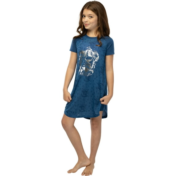 Harry Potter Girls' Foil Print Hogwarts House Crest Nightgown Lounge Pajama - Ravenclaw Hufflepuff Gryffindor Slytherin
