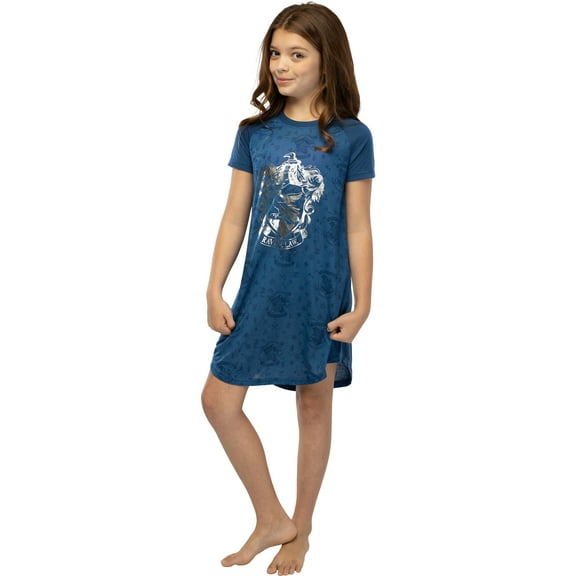 Harry Potter Girls' Foil Print Hogwarts House Crest Nightgown Lounge Pajama - Ravenclaw Hufflepuff Gryffindor Slytherin