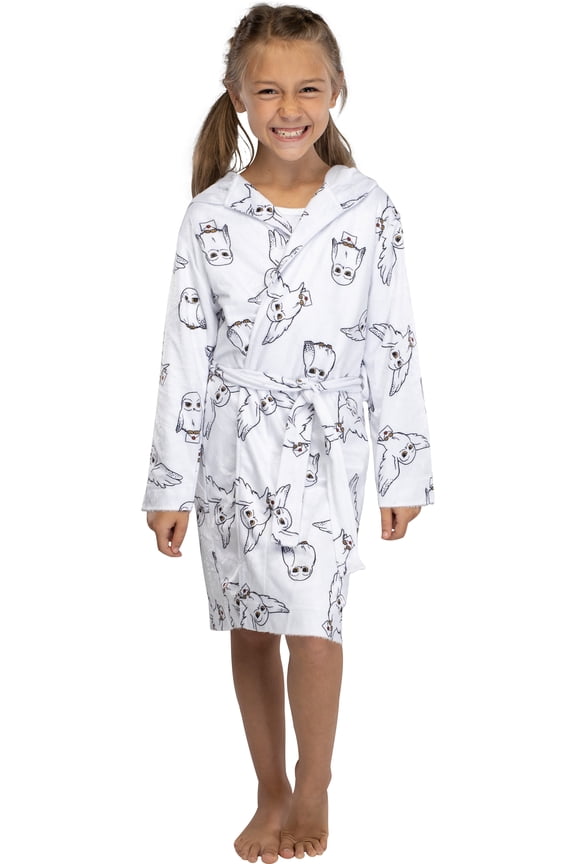 Harry Potter Girls' Hedwig Owl Hogwarts Hooded Bathrobe Fleece Lounge Robe Cover-Up