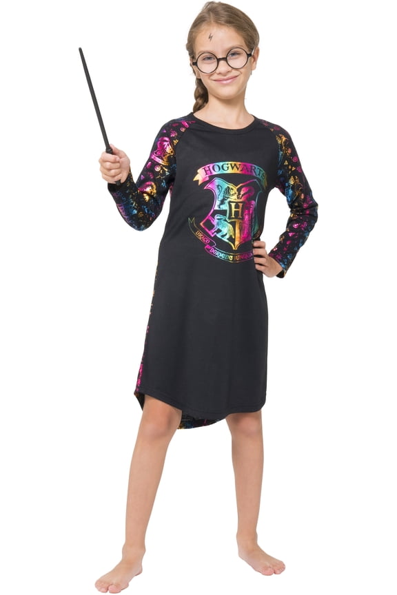Harry Potter Girls' Hogwarts Rainbow Hologram Print Raglan Long-Sleeve Nightgown Pajama