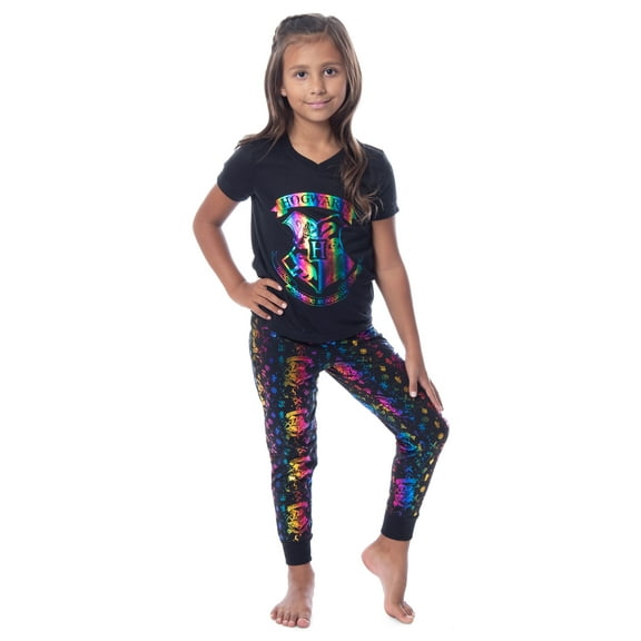 Harry Potter Girls' Rainbow Foil Hogwarts Crest Pajama Jogger Set