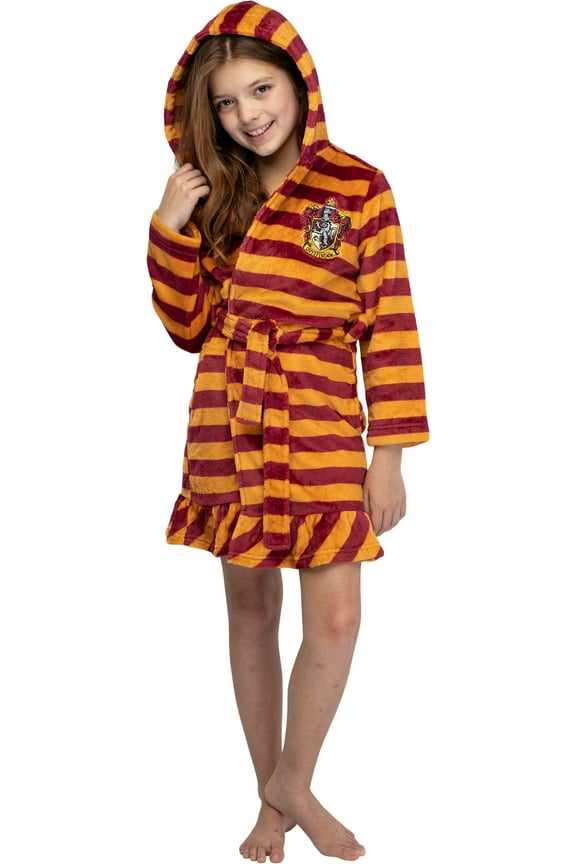 Harry Potter Girls' Hogwarts Houses Hooded Robe Striped Fleece Bathrobe - Gryffindor Slytherin Hufflepuff Ravenclaw