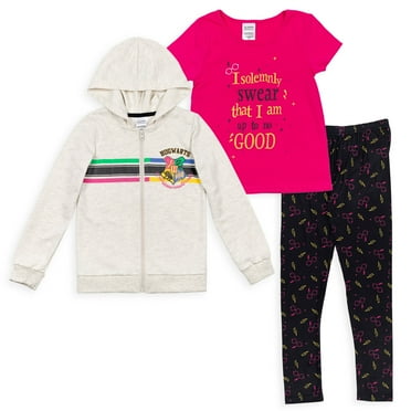 Harry Potter Gryffindor Hufflepuff Little Girls Zip Up French Terry Hoodie T-Shirt & Leggings 3 Pc Set Gray/Pink/Black 6-6X