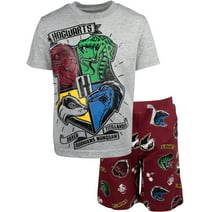 Harry Potter Gryffindor Hufflepuff Slytherin Ravenclaw Big Boys Graphic T-Shirt French Terry Shorts Set Gray/Maroon 10-12