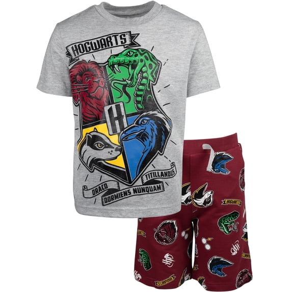Harry Potter Gryffindor Hufflepuff Slytherin Ravenclaw Little Boys Graphic T-Shirt French Terry Shorts Set Gray/Maroon 7-8