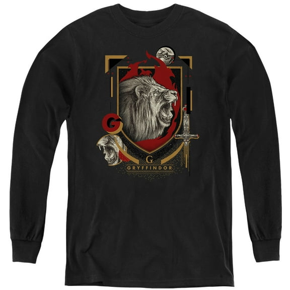 Harry Potter Gryffindor Magicial Mischief Level Up Crest Kids Long Sleeve T Shirt (Small) for Youth Boys and Girls, Black