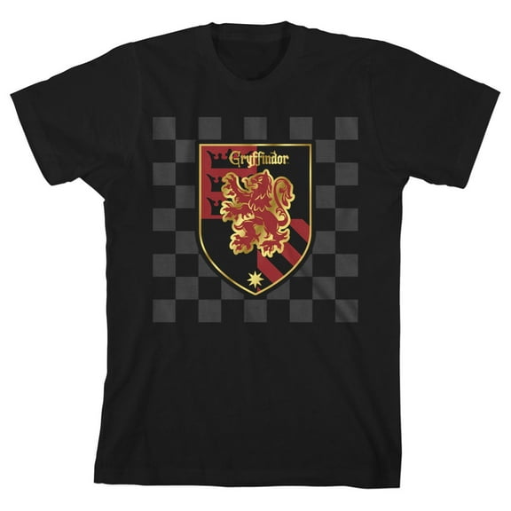 Harry Potter Gryffindor Shield on Checkered Background Boy's Black T-shirt-XS