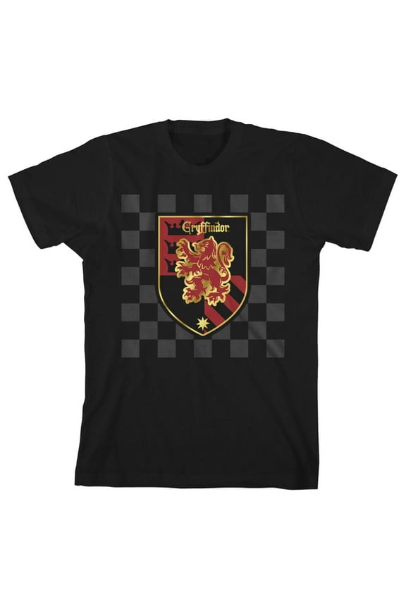 Harry Potter Gryffindor Shield on Checkered Background Toddler Boy's Black T-shirt-4T