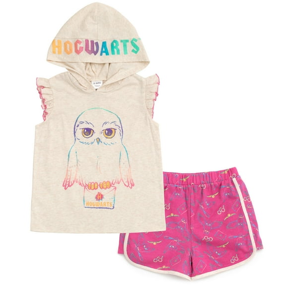 Harry Potter Hedwig Owl Big Girls Tank Top Dolphin and French Terry Shorts White / Pink 10-12