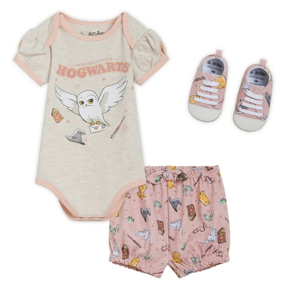 Harry Potter Hedwig Owl Bodysuit, Bubble Shorts and Shoes 3 Piece Outfit Set Newborn to Infant